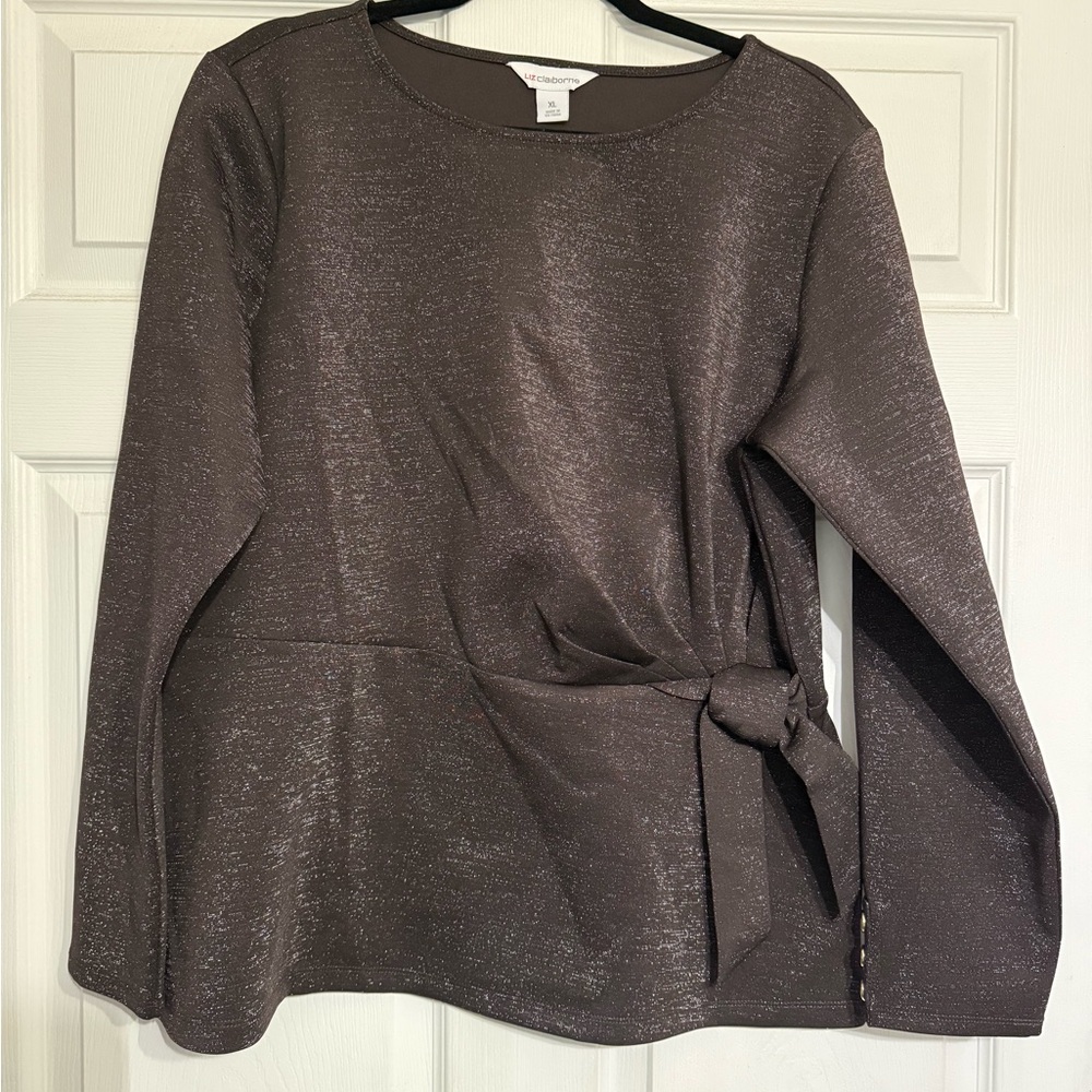Liz Claiborne Metallic Tie-Waist Long-Sleeve Top - Charcoal/Purple